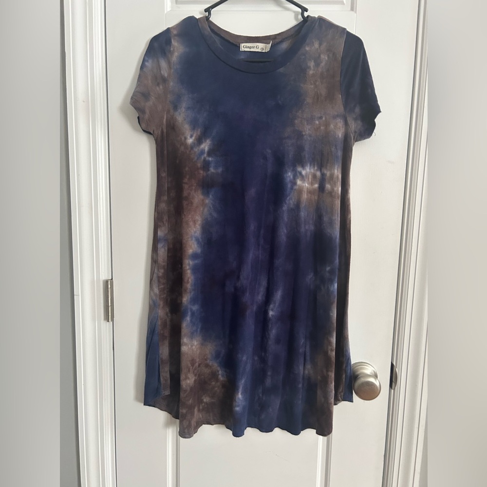 Ginger G Blue & Brown Tie-Dye Short Sleeve Hi-Low Hem T-Shirt Dress
